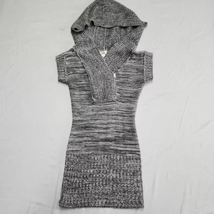 Decree Womens S Gray Marled Knit Hooded Half Zip Short Sleeve Sweater Dress - Front