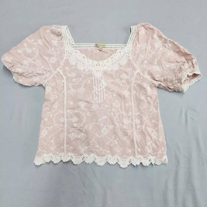 Democracy Peasant Blouse Womens Small Pink Embroidered Lace Square Neck Top - Front