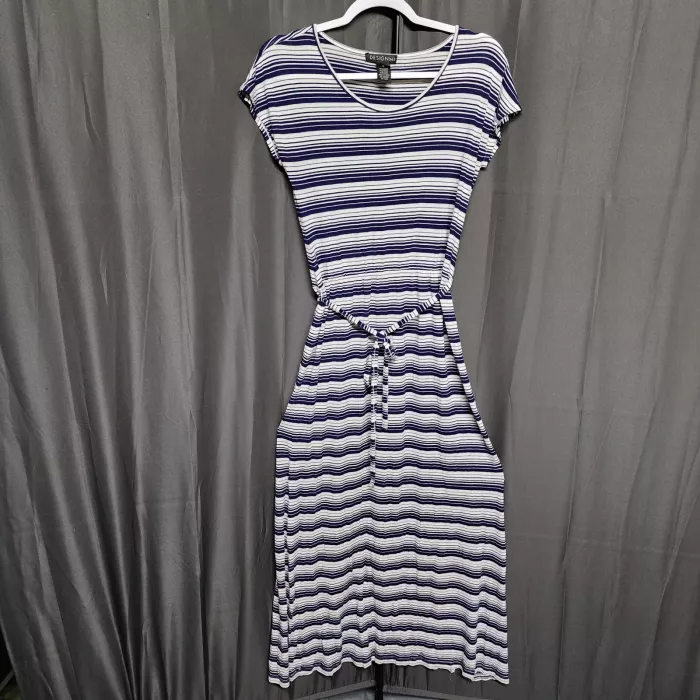 Design 365 Dress Womens M Navy Blue White Striped Short Sleeve Midi Drawstring - Front