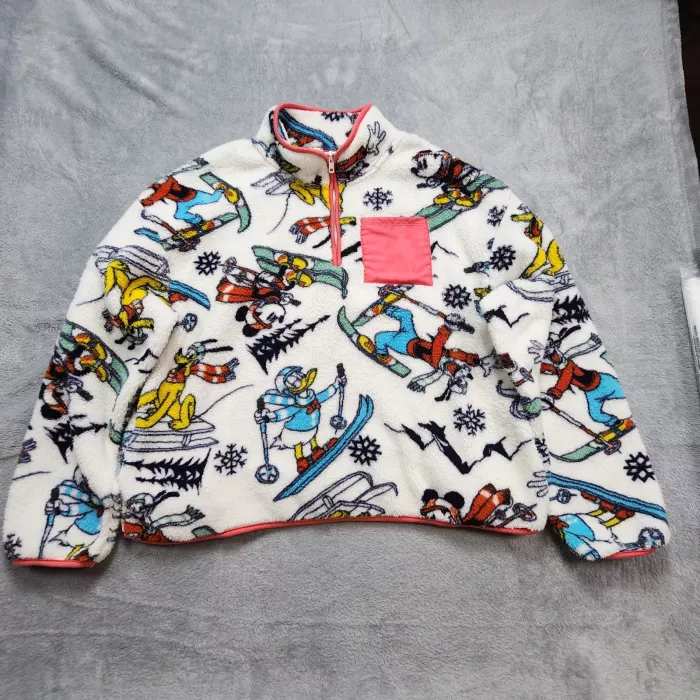 Disney Sherpa Fleece Pullover Jacket XL White Pink Mickey Skiing Quarter Zip AOP - Front
