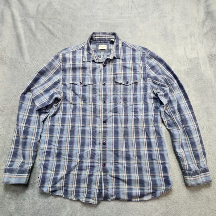Dockers Button Up Shirt Men's Large Blue Plaid Long Sleeve Cotton Double Pocket - Front