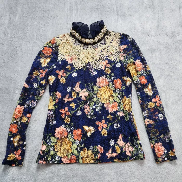 Dong An Lace Blouse Women's XS Navy Blue Floral Mock Neck Pearl Beaded Crochet - Front