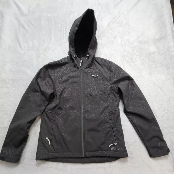 Double Diamond Women's Softshell Jacket Small Black Hooded Abstract Print Zip - Front