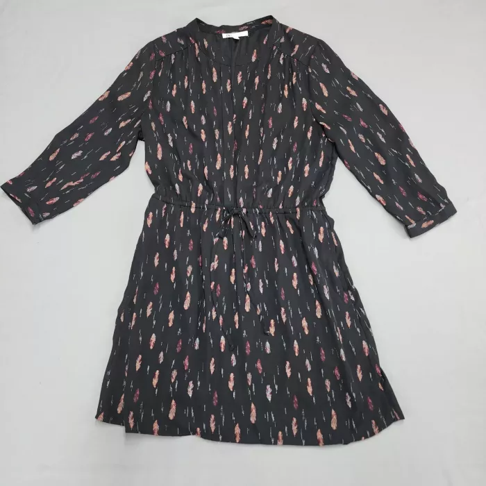 DR2 Dress Womens Medium Black Feather Print V-Neck 3/4 Sleeve A-Line Lined - Front