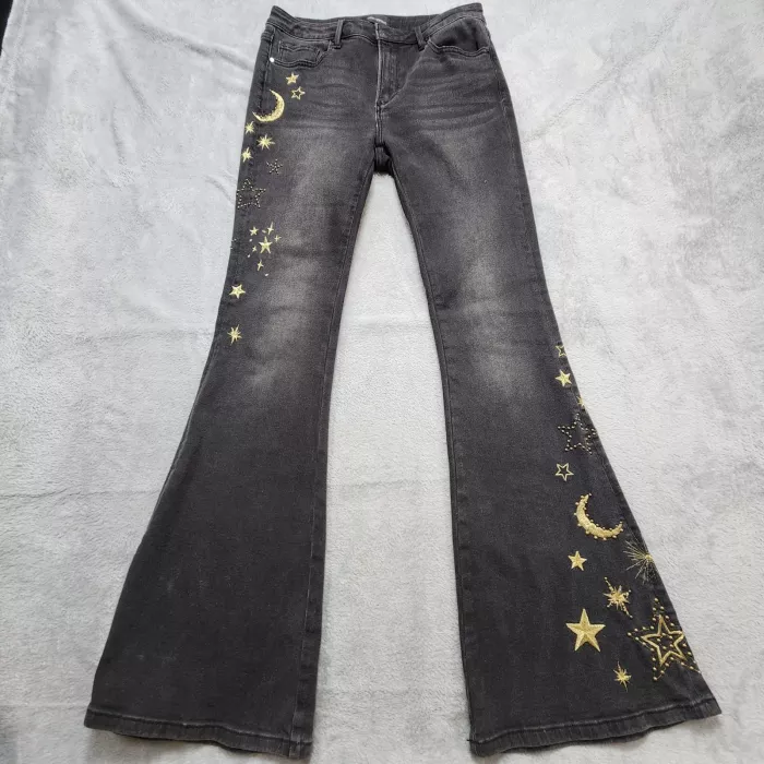 Driftwood Farrah Flare Jeans Size 27 Black Celestial Moon Star Embroidered Denim - Front