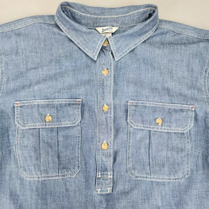 DULUTH TRADING CO. Women's XL Blue Chambray Relaxed Fit Polo Coolmax Pockets - Main