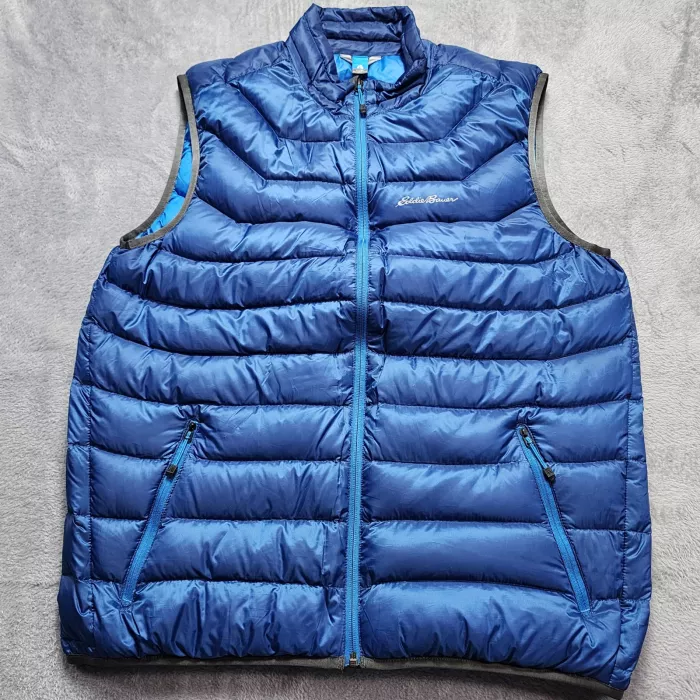 Eddie Bauer First Ascent Down Vest Men's Tall Large TL Blue Puffer Quilted Zip - Front