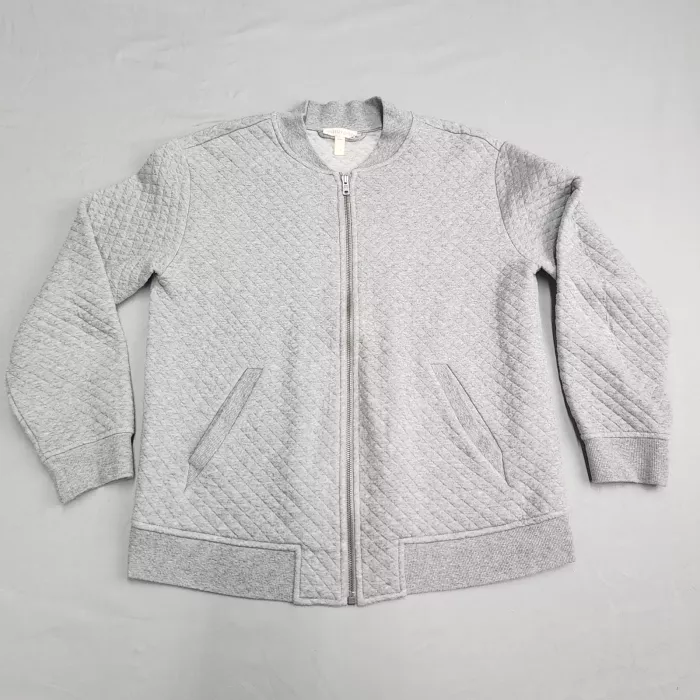 Eileen Fisher Womens S Heather Grey Quilted Knit Bomber Jacket Full Zip Cotton - Front