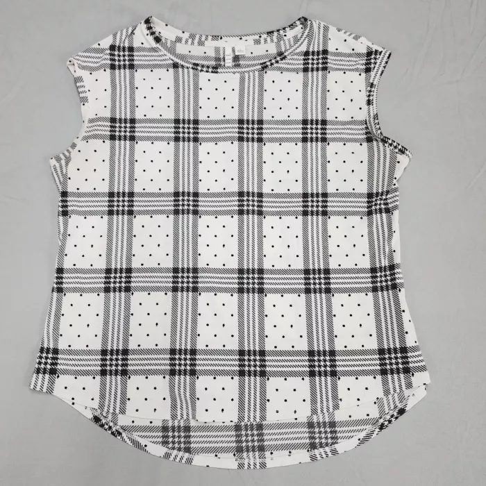 ELLE Tank Top Women's L White Black Plaid Polka Dot High Low Hem Stretch - Front
