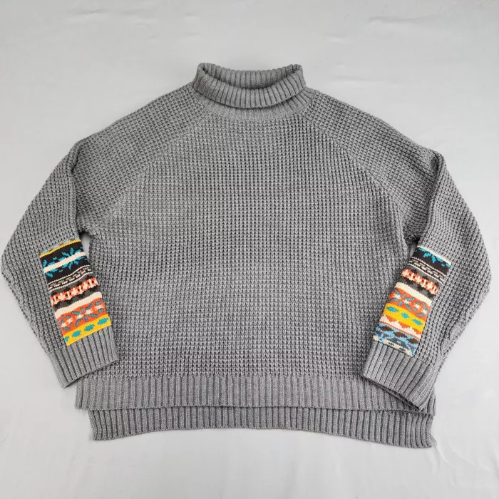 EMERY Women's L Grey Turtleneck Pullover Sweater Knit Patterned Cuffs - Front