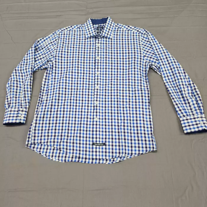 English Laundry Men's Large Blue White Gingham Long Sleeve Button Up Shirt - Front
