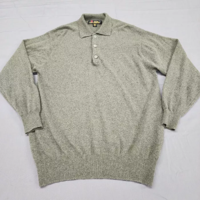 ERDOS Men's S Olive Green 100% Cashmere Polo Sweater Long Sleeve Pullover Knit - Front