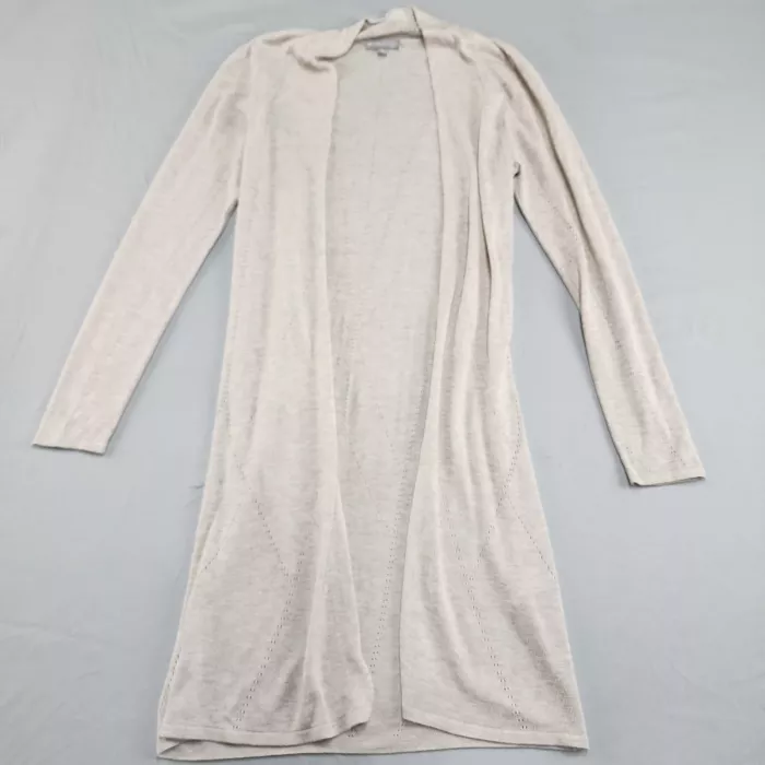evolution by Cyrus Open Front Cardigan Women's M Beige Pointelle Knit Long Visco - Front