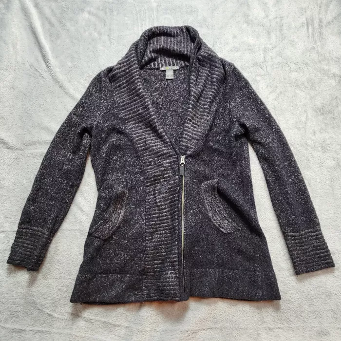 ExOfficio Women's Cardigan Sweater M Gray Wool Blend Full Zip Shawl Collar Knit - Front