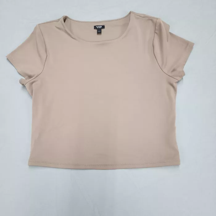 Express Body Contour T-Shirt Women's Size L Tan Short Sleeve Stretch Jersey Top - Front