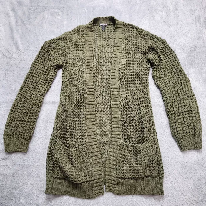 Express Cardigan Sweater Women's XS Olive Green Open Front Waffle Knit Pockets - Front