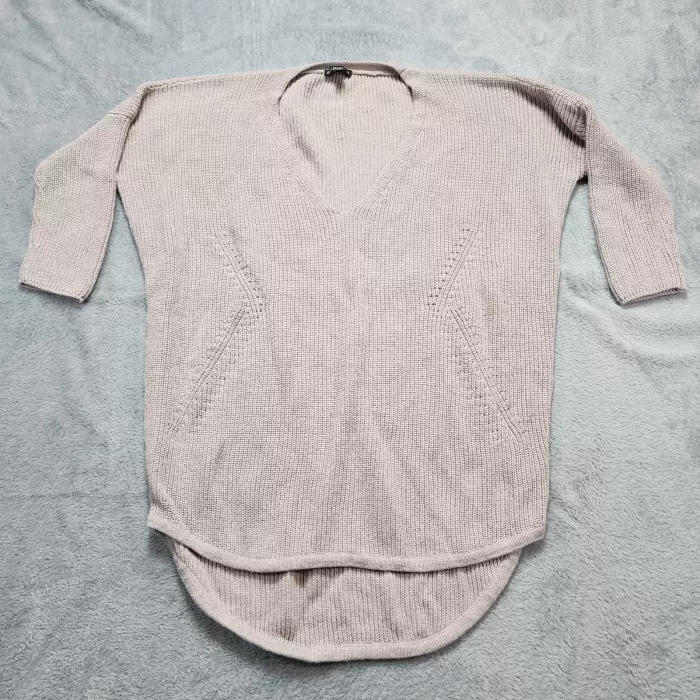 Express Sweater Women's Small Beige Cotton V-Neck Tunic Oversized High Low Knit - Front