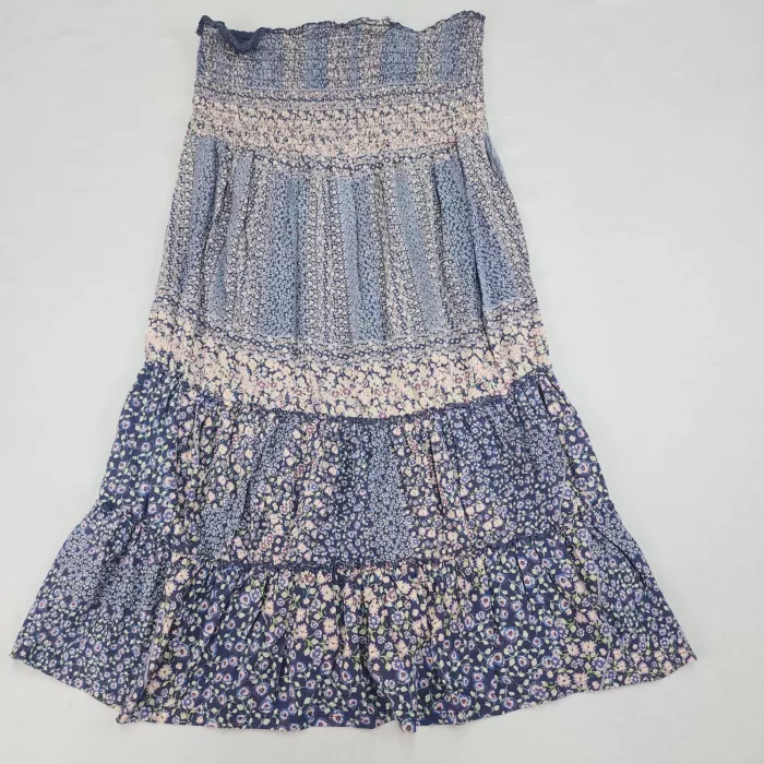 Express Women's L Navy Blue Floral Smocked Strapless Dress Tiered Skirt Cotton - Front