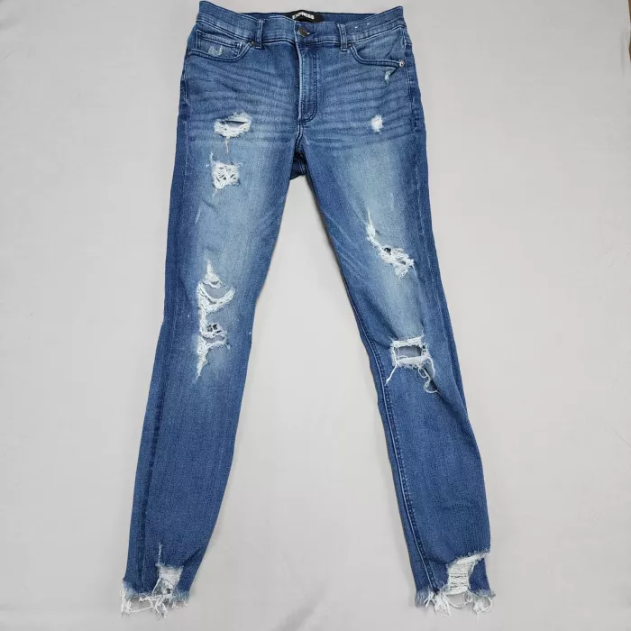 Express Womens 10L Denim Perfect High Rise Ankle Jeans Blue Distressed Stretch - Front