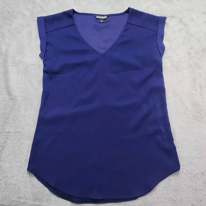Express Womens Blouse XS Navy Blue V-Neck Short Sleeve Rolled Cuff Stretch Top - Front