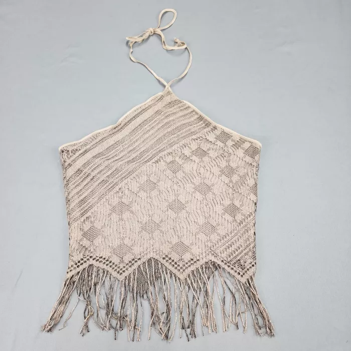 Express Womens Size M Beige Halter Top Boho Lace Fringe Sleeveless Tie Neck - Front