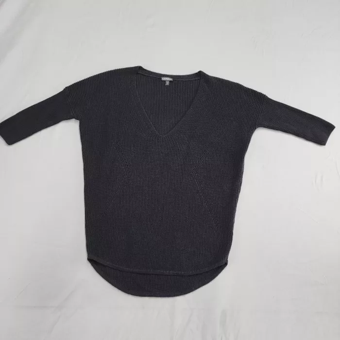Express Womens Sweater S Petite Black V-Neck Ribbed Knit 3/4 Sleeve Pullover - Front