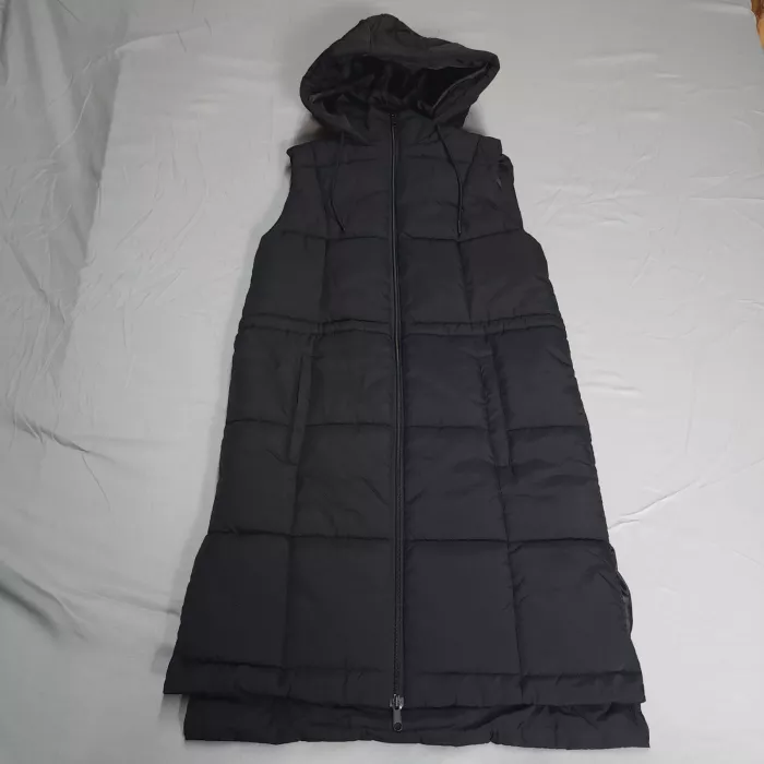 Falls Creek Long Puffer Vest Women's Size S Black Quilted Hooded Full Zip Nylon - Front