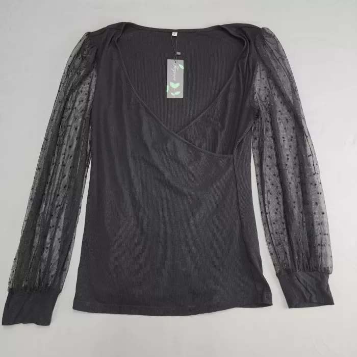 Fayenne Black XL Wrap Blouse V-Neck Long Sheer Polka Dot Puff Sleeve Ribbed Knit - Front