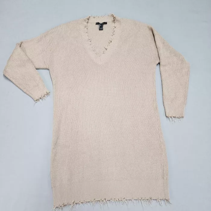 Forever 21 Womens S Beige Ribbed Knit Distressed V-Neck Sweater Dress - Front