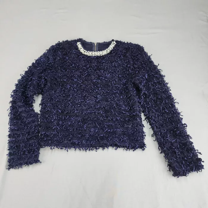 Forever Lily Textured Knit Pullover Sweater Women's S Navy Blue Pearl Back Zip - Front