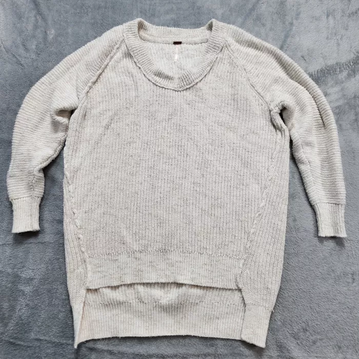 Free People Sweater Large Beige Chunky Knit V-Neck Tunic High Low Hem Oversized - Front