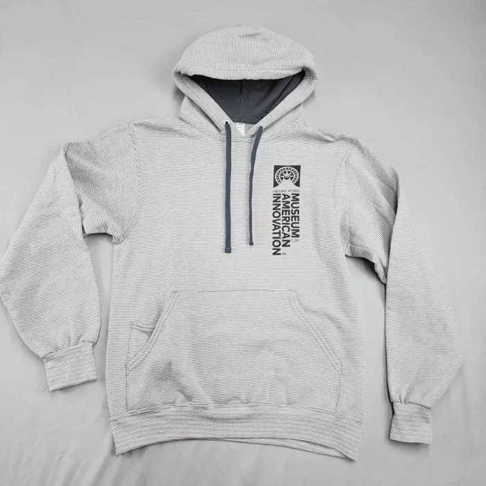 FRUIT OF THE LOOM sofspun Men's S Grey Striped Pullover Hoodie Henry Ford Museum - Front