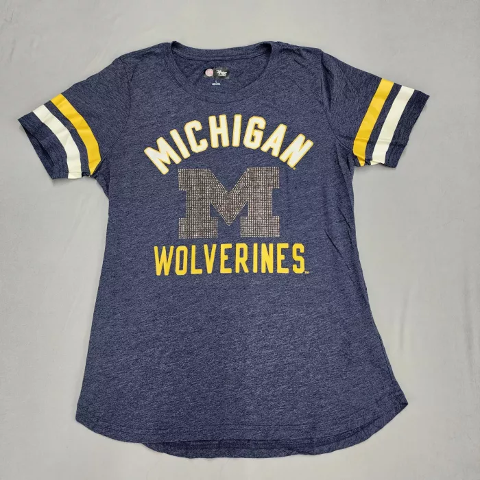 G-III 4her Carl Banks Womens L Michigan Wolverines Rhinestone T-Shirt Navy Blue - Front