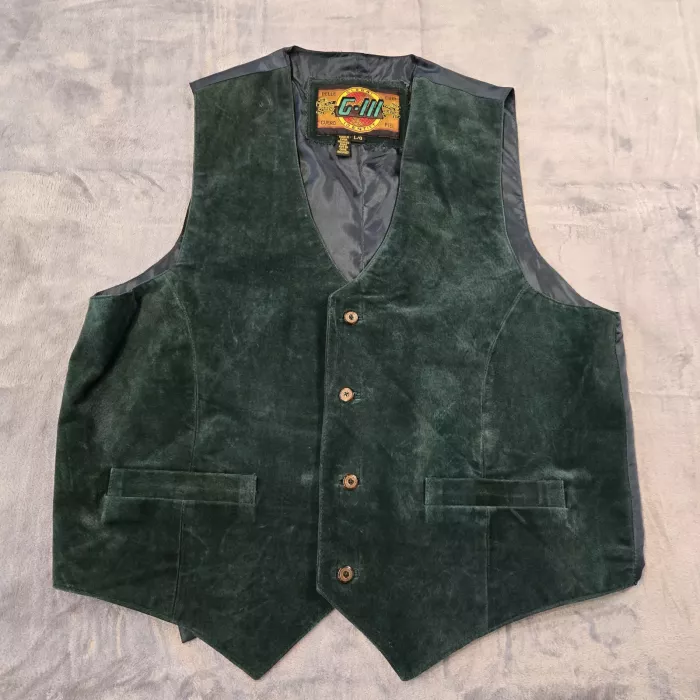 G-III Global Identity Suede Leather Vest Mens Large Green Waistcoat Button Front - Front