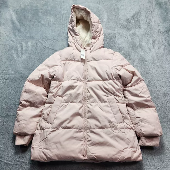 Gap Kids ColdControl Max Puffer Jacket Girls Size M 8-9 Pink Sherpa Hooded NWT - Front