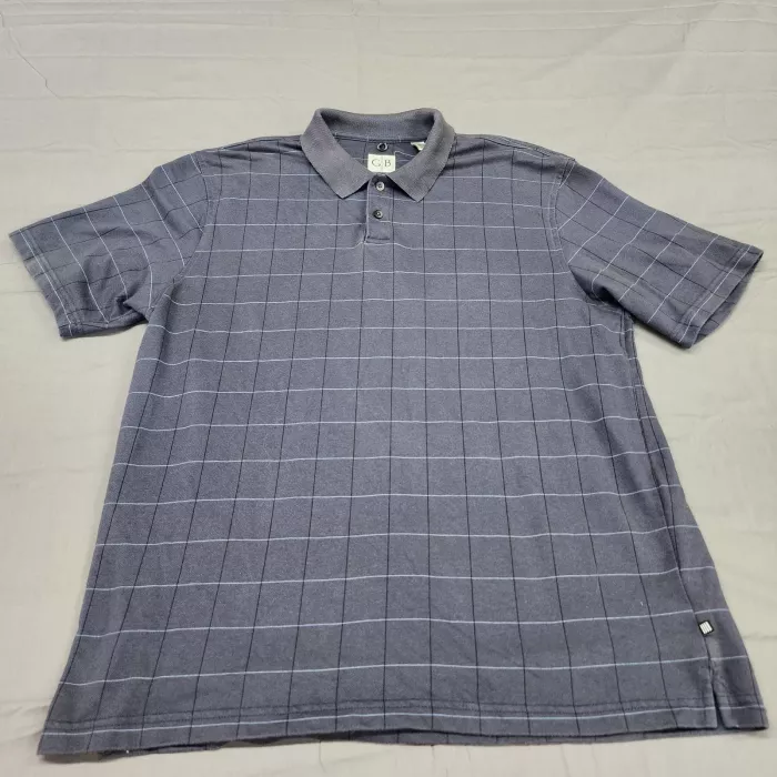 Geoffrey Beene Mens Large Polo Shirt Blue Windowpane Grid Short Sleeve - Front