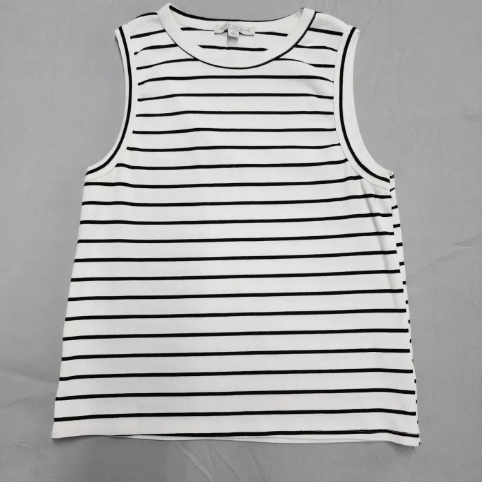 Green Envelope Womens S Tank Top Black White Striped Crew Neck Cotton Blend USA - Front