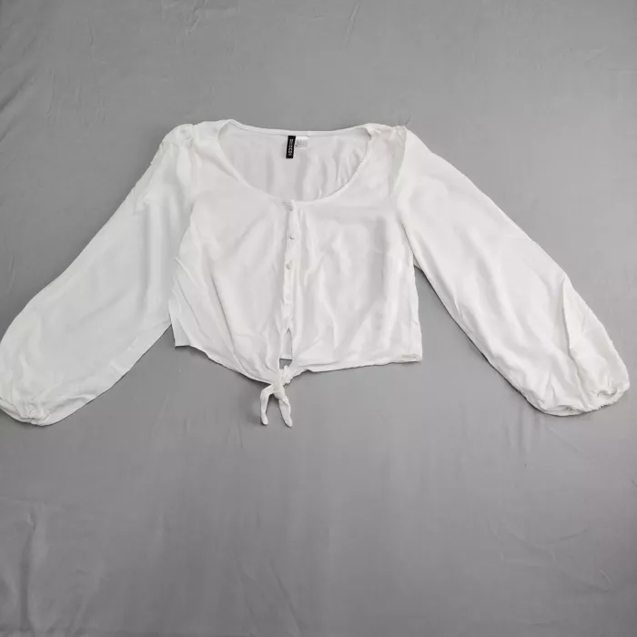 H&M Divided Womens M White Cropped Blouse Tie Front Long Balloon Sleeve Top - Front