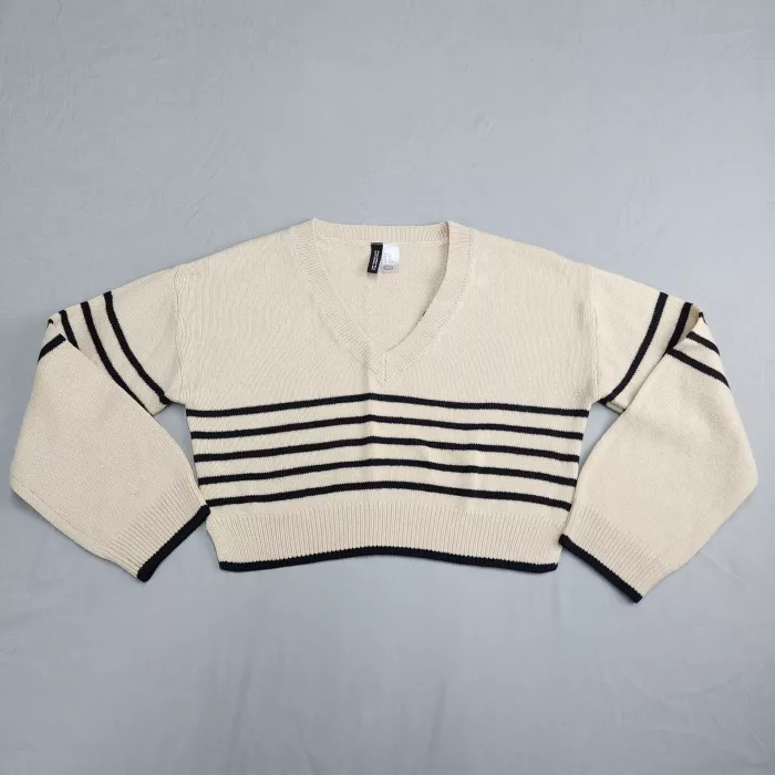 H&M Divided Womens Sweater Size XS Beige Black Striped V-Neck Cropped Pullover - Front