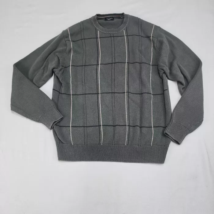 Haggar Mens M Olive Green Windowpane Plaid Cotton Crew Neck Pullover Sweater - Front