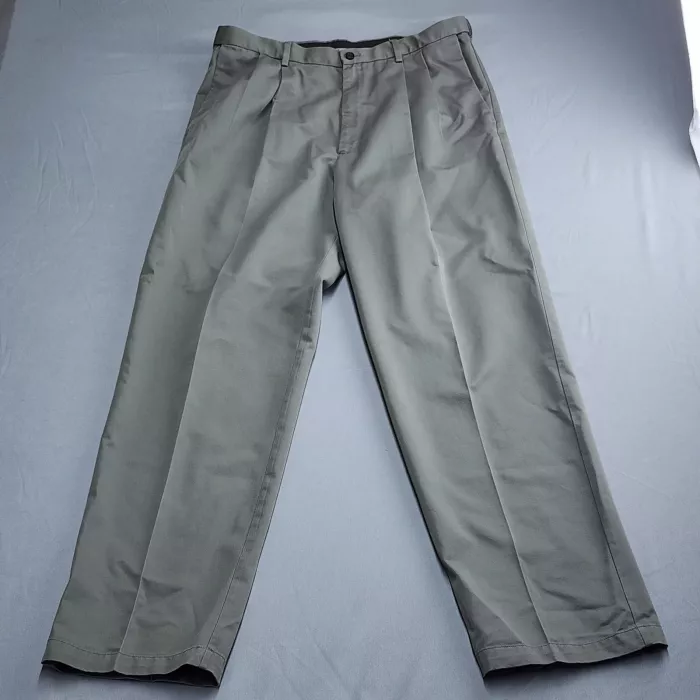 Haggar Mens Pleated Dress Pants 36x34 Olive Green Cotton Twill Chino Slacks - Front