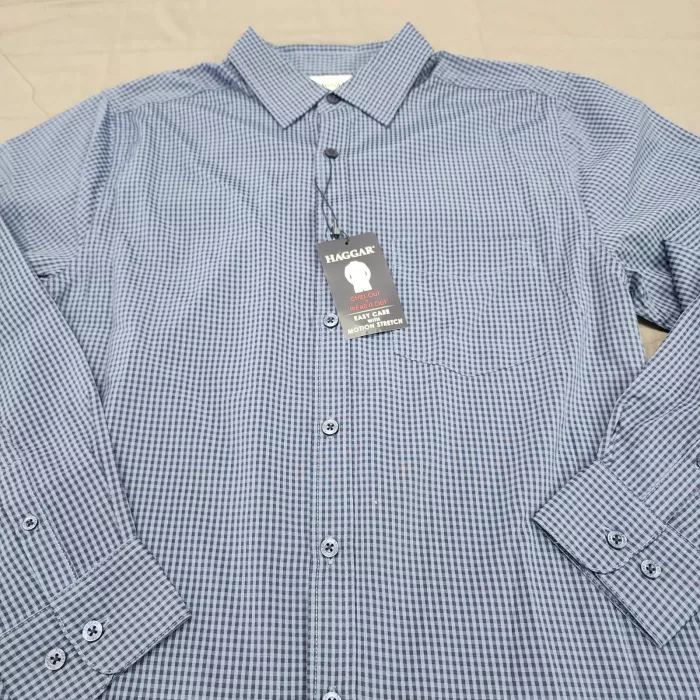 Haggar Mens S Blue Gingham Button Up Shirt Long Sleeve Moisture Wicking Stretch - Main