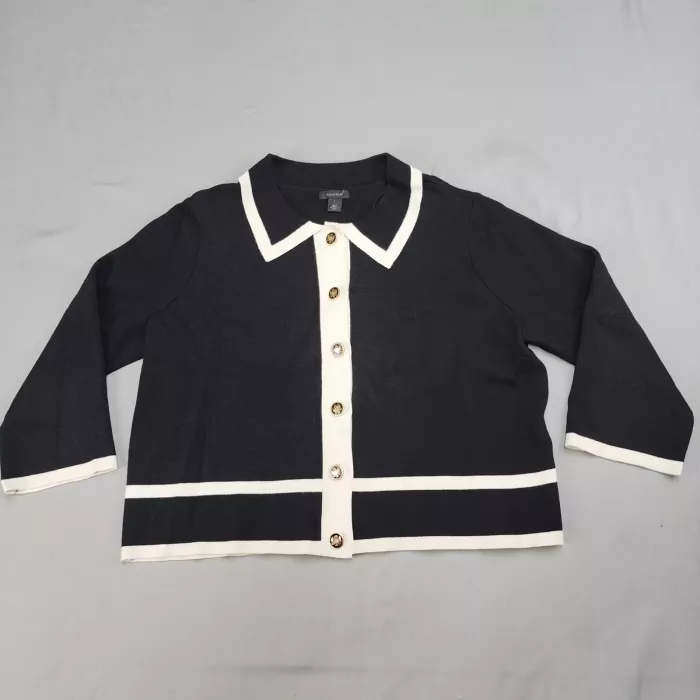 Halogen Womens Cardigan Sweater Size L Black White Trim Gold Buttons Collared - Front