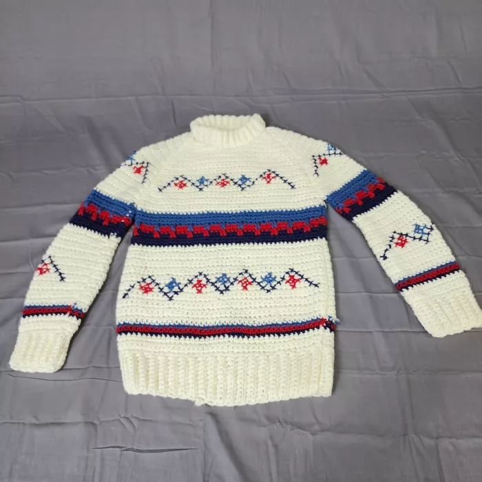 Handmade Chunky Crochet Sweater Womens XS Ivory Geometric Mock Neck Pullover - Front