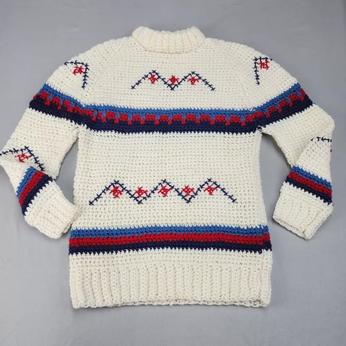 Handmade Crochet Sweater Women's M Cream Ivory Geometric Pullover Mock Neck - Front