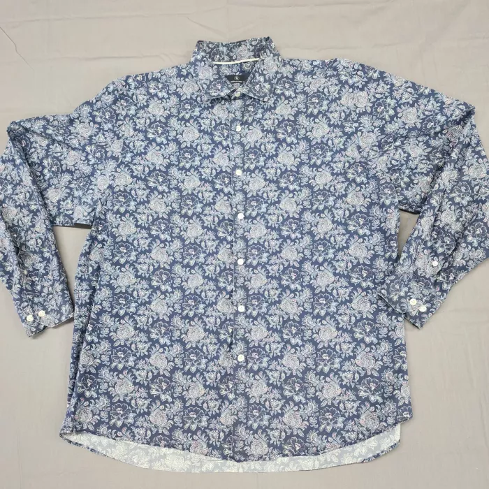 Hart Schaffner Marx Men's XL Blue Paisley Floral Button Front Dress Shirt Cotton - Front