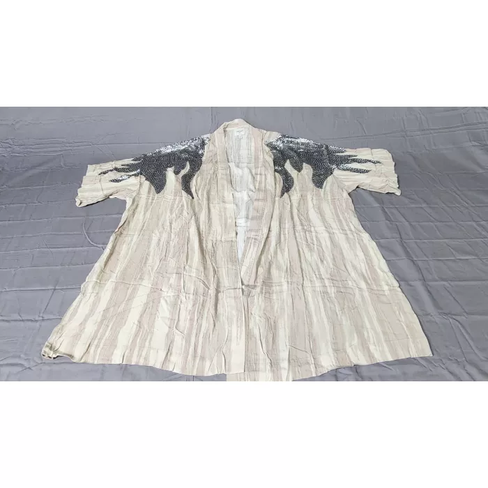 Haute Hippie Tribe Womens 3X Kimono Jacket Beige Striped Sequin Open Front - Front
