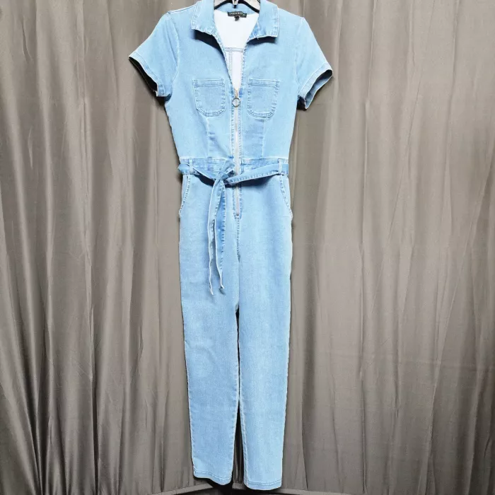 Haute Monde Womens L Light Blue Denim Jumpsuit Zip Front Belted Short Sleeve - Front
