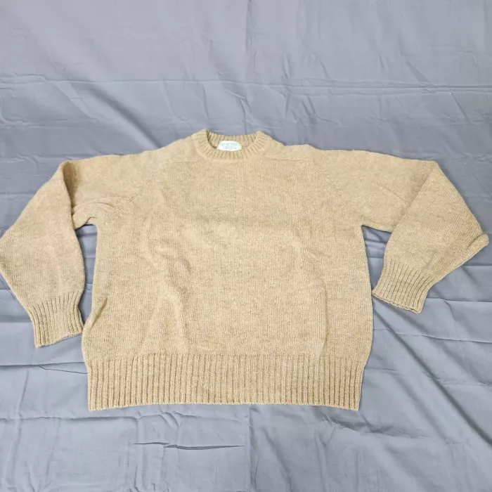 Heather Tweed Mens M Beige Shetland Wool Crewneck Pullover Sweater Raglan - Front