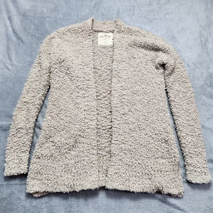 Hollister Cardigan Sweater Women's S Beige Popcorn Shaggy Knit Open Front Fuzzy - Front